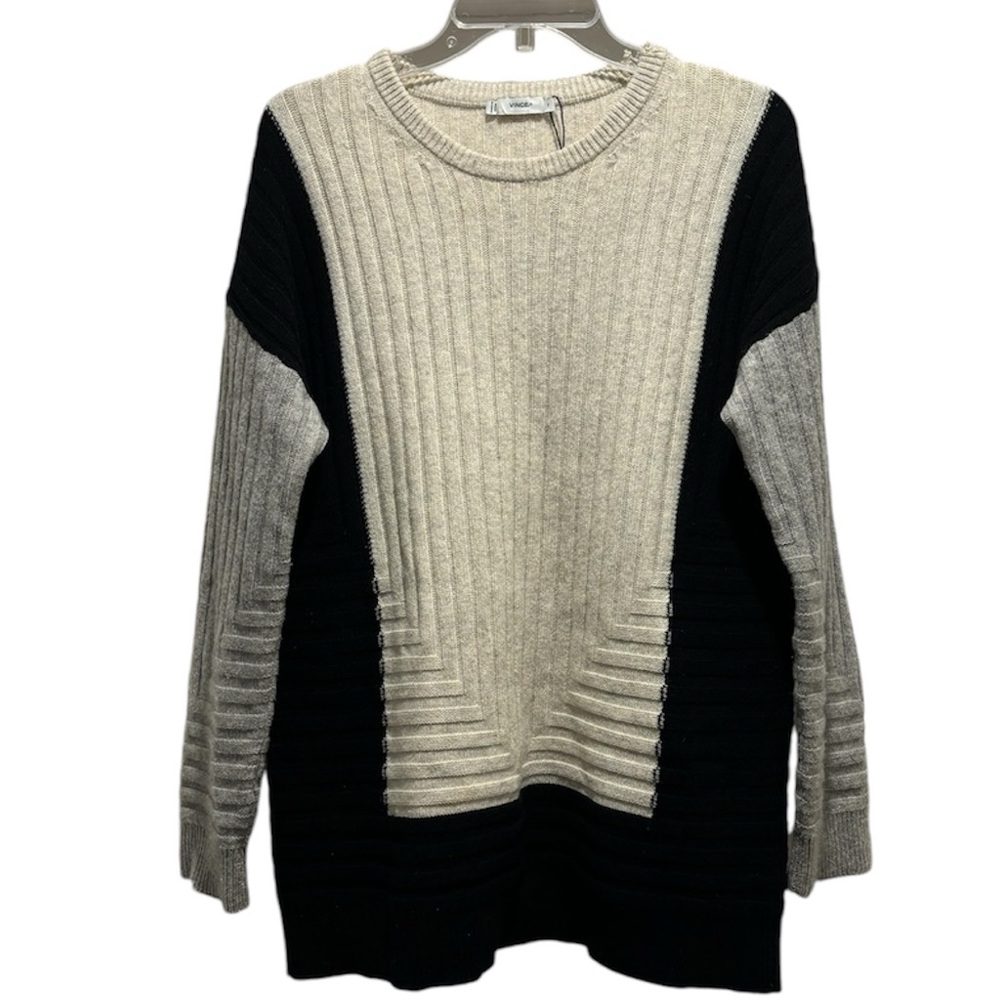 Vintage Vince Colorblock Intarsia Crew Sweater Heather Black Steel Wool Cashmere - Picture 2 of 12
